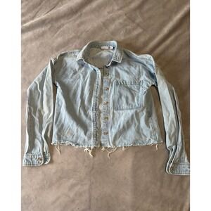 Noisy May Light Wash Cropped Denim Shirt Frayed Hem Small Light Blue Button Down